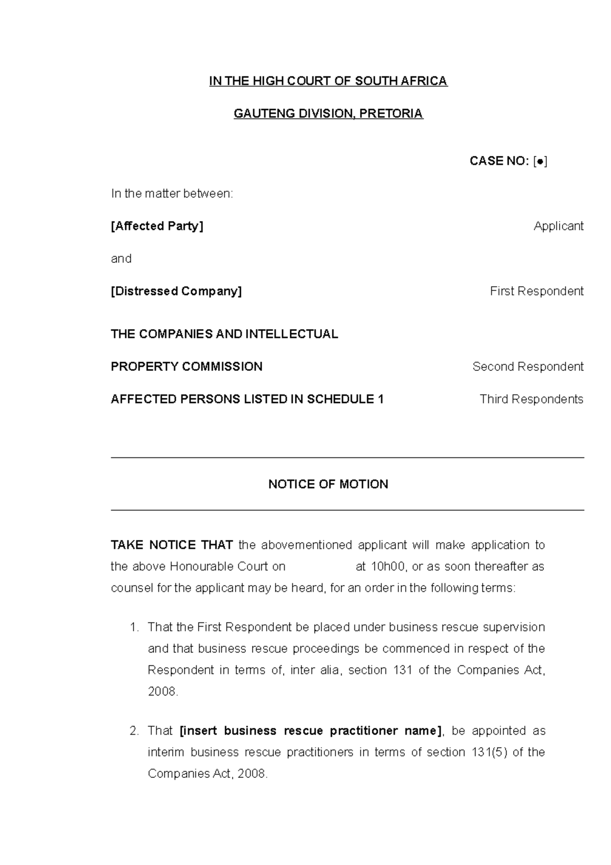 Business Rescue Founding Affidavit for Case No: [ ] in Pretoria - Studocu