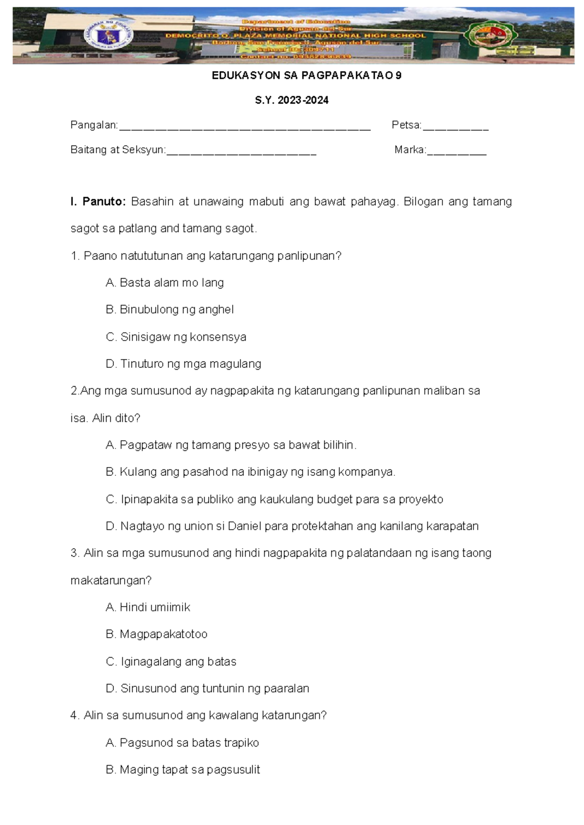 ESP-9 Final Exam Reviewer: Edukasyon sa Pagpapakatao 9 - Studocu