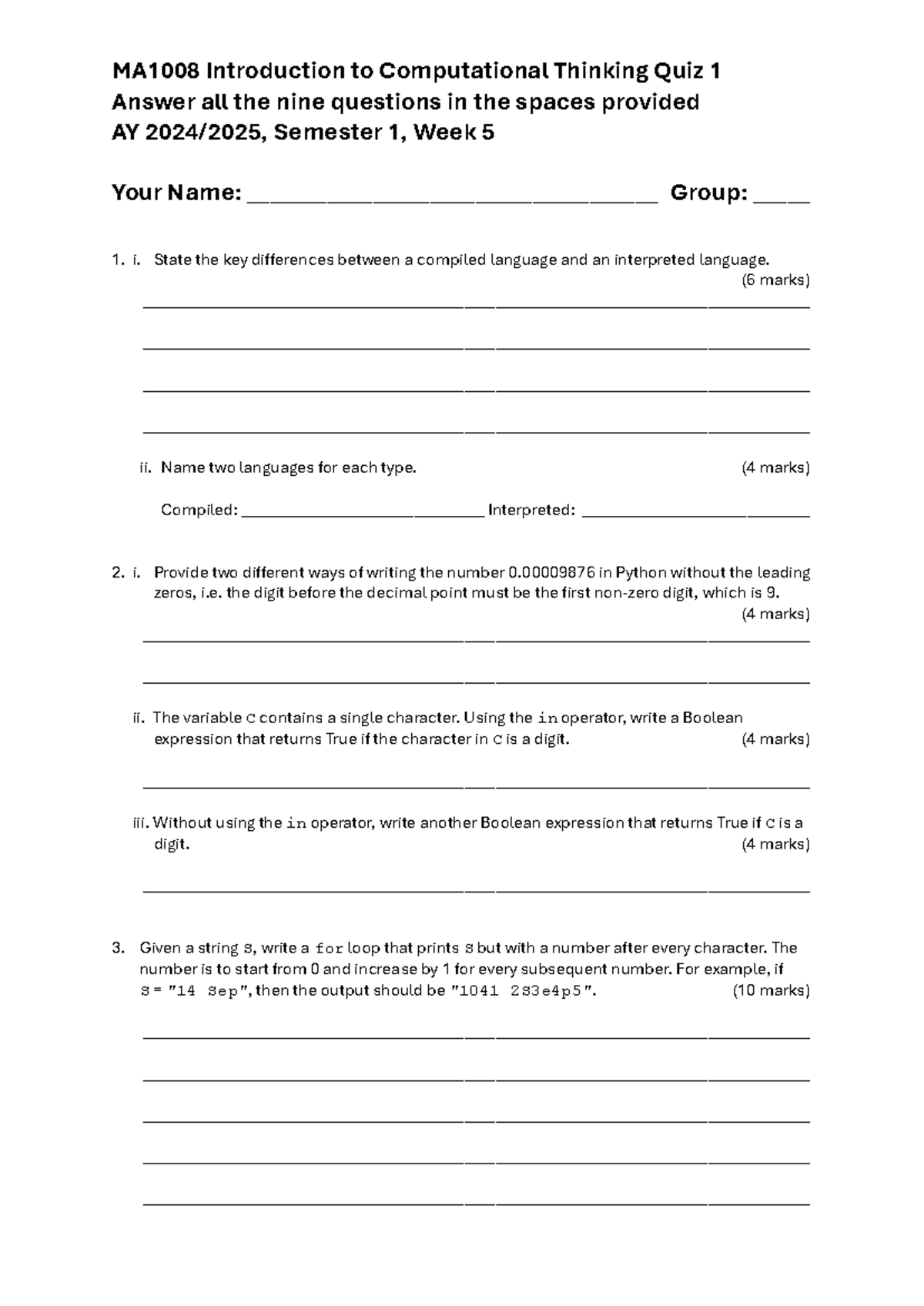 MA1008 Introduction to computational thinking quiz 1 answers and ...