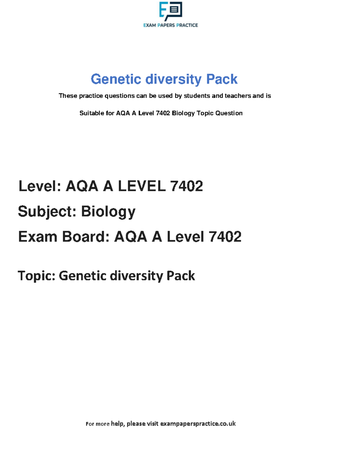 AQA A Level 7402 Biology: Genetic Diversity Practice Questions Pack ...