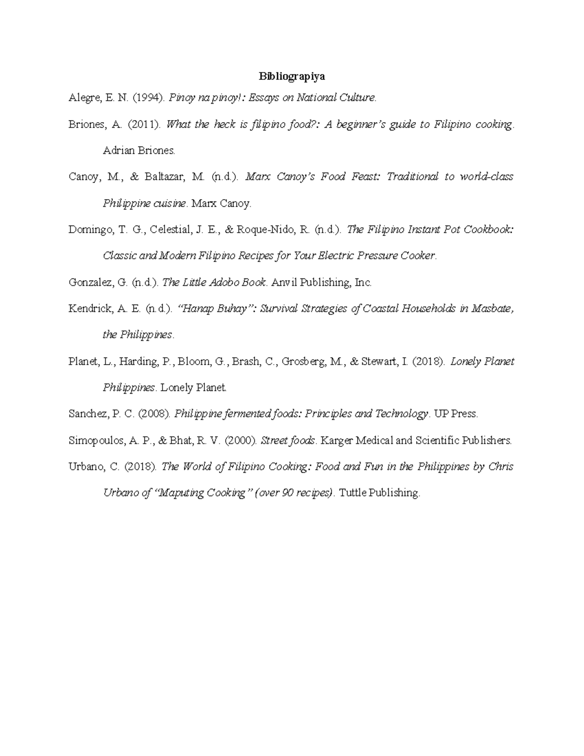 Bibliography of Filipino Cuisine and Culture: Key References - Studocu