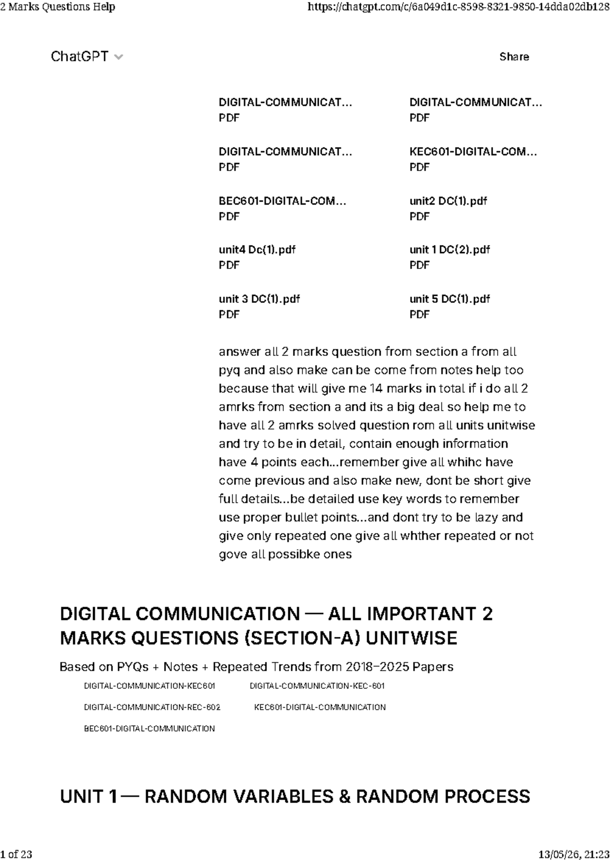 DIGITAL COMMUNICATION: Important 2 Marks Questions Unitwise from PYQs ...