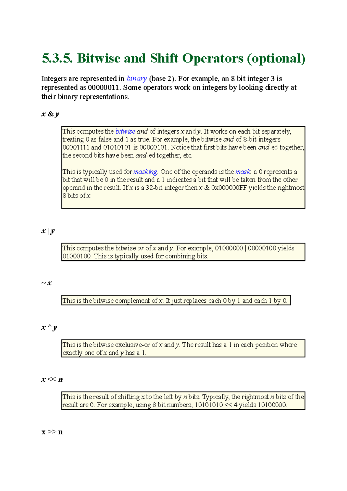 5.3.5. Bitwise and Shift Operators (optional) - 5.3. Bitwise and Shift ...
