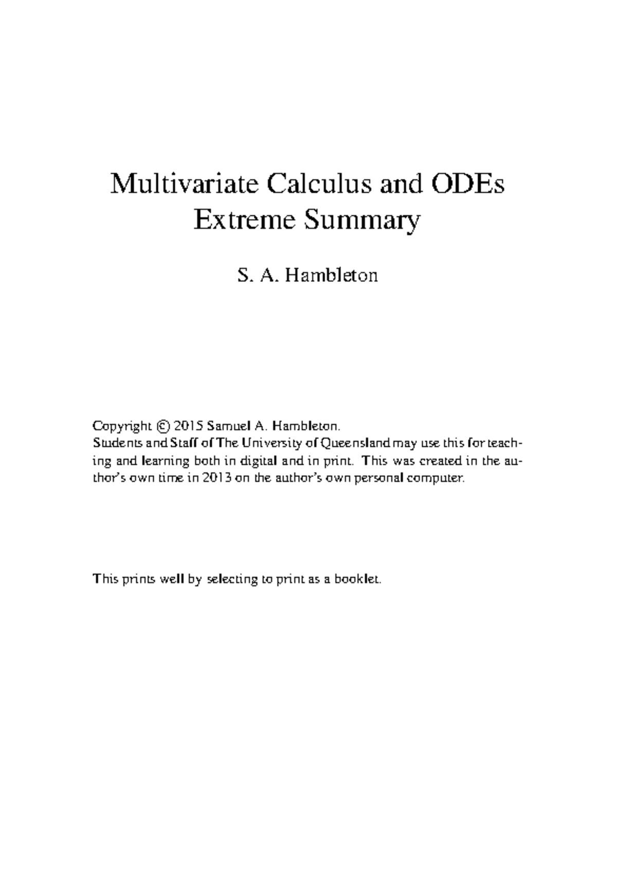 MATH1052 Multivariable Calculus & ODEs Extreme Summary Guide - Studocu