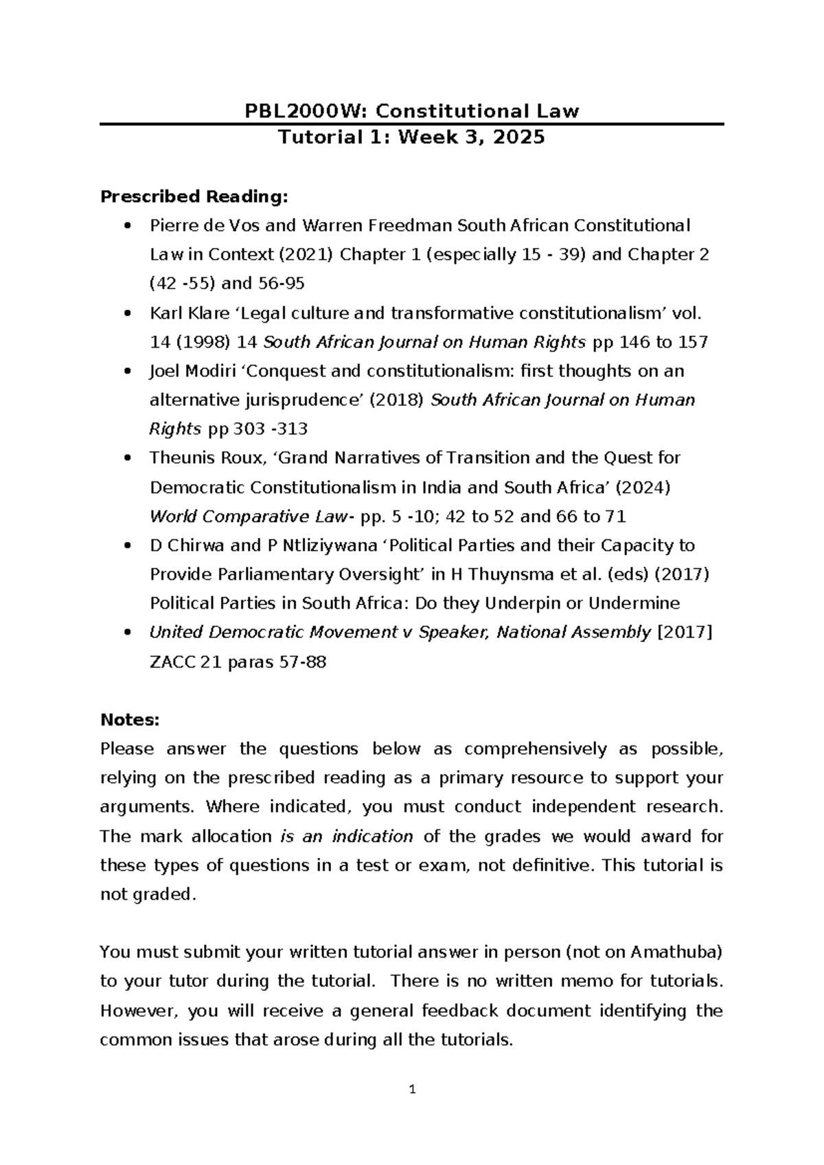 Tutorial 1 - Week 3 2025 - PBL2000W: Constitutional Law Tutorial 1 ...