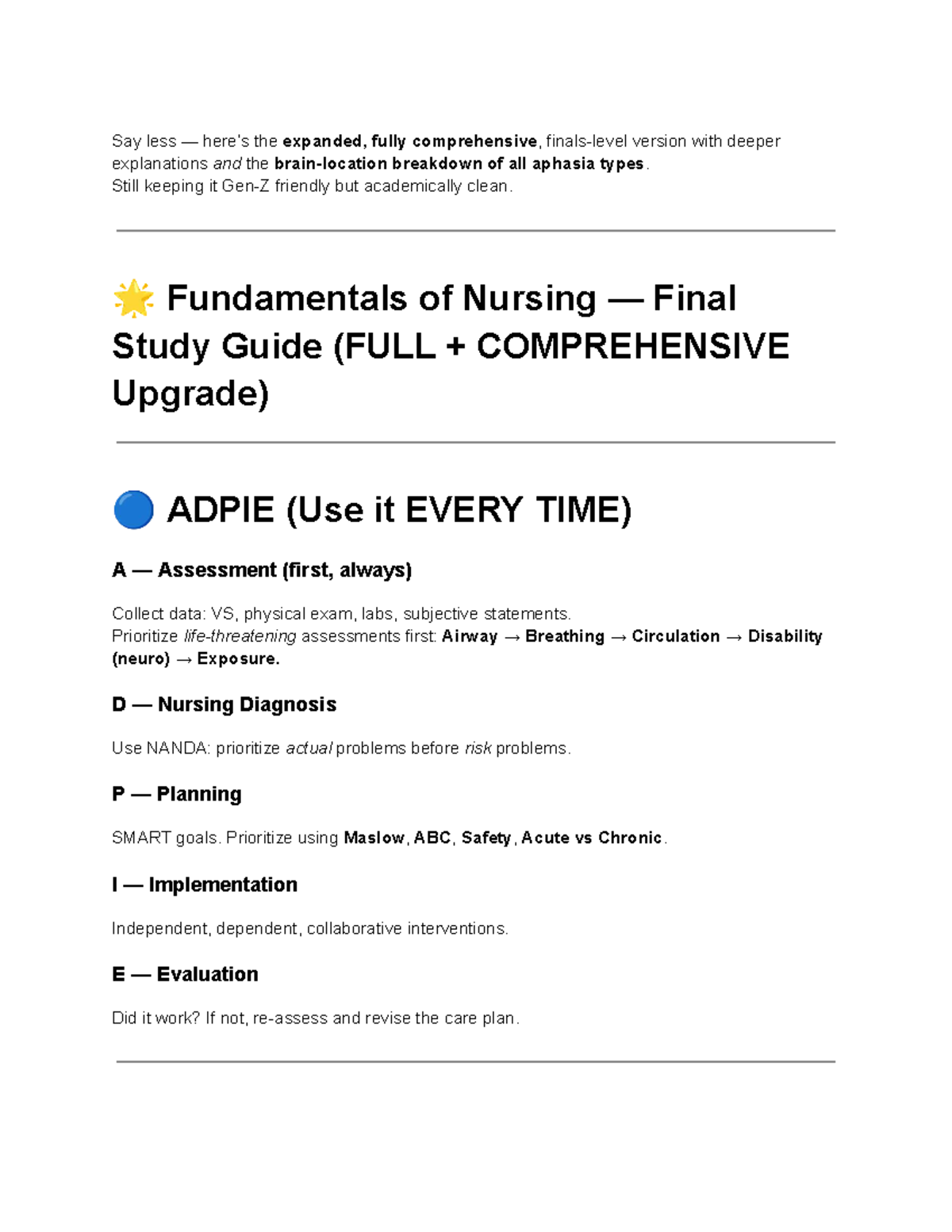 Fundamentals of Nursing Final Study Guide - Comprehensive Lecture Notes ...