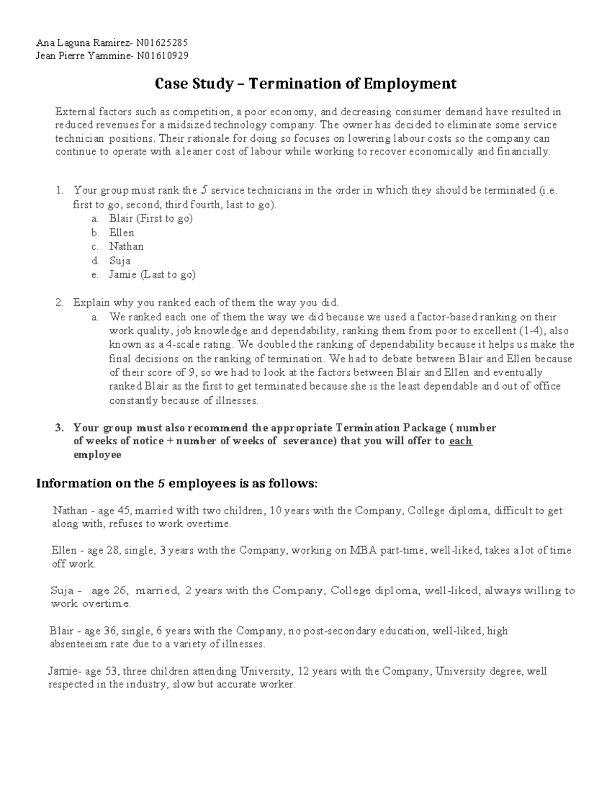 N01625285 Case Study: Termination of Employment Factors Analysis - Studocu