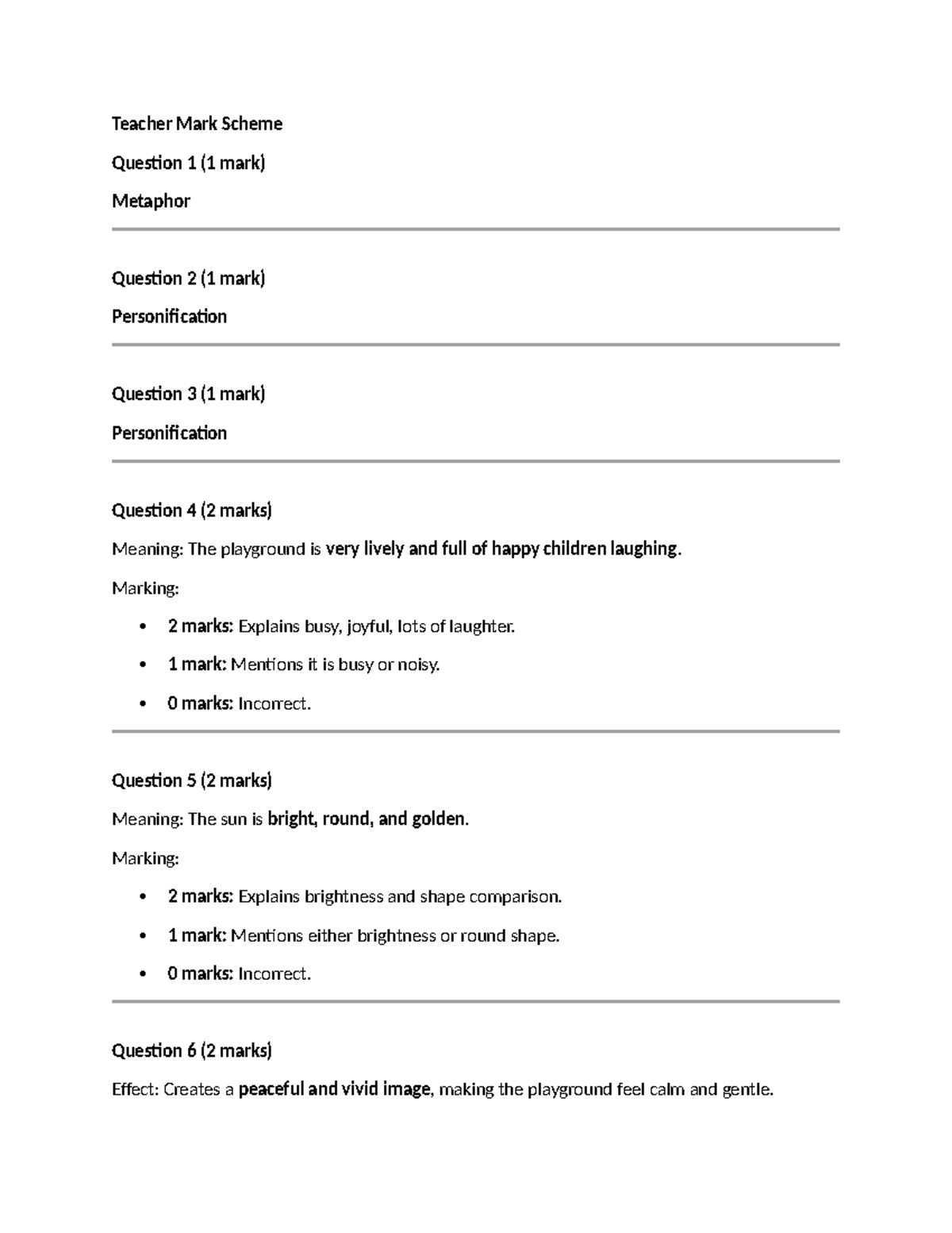 Comprehension 9 - Teacher Mark Scheme for Literary Devices - Studocu