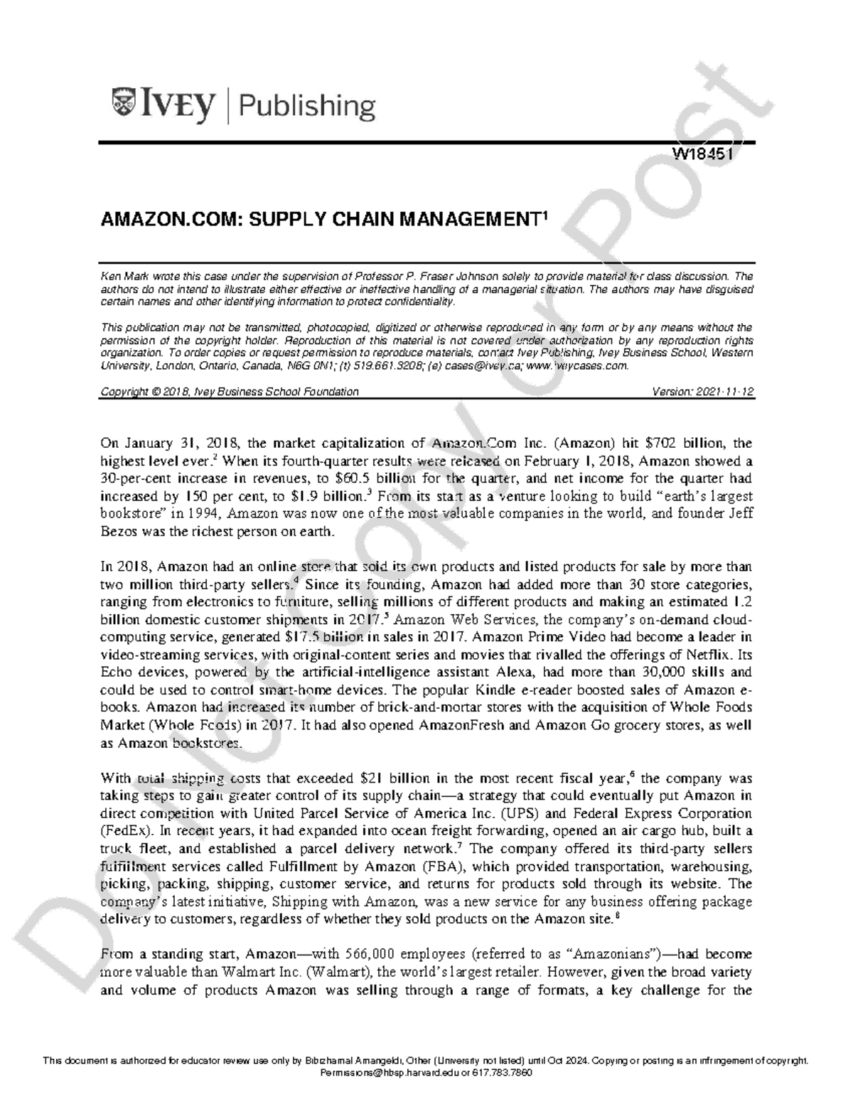 Amazon.com: Supply Chain Management Case Study (W18451) - Studocu