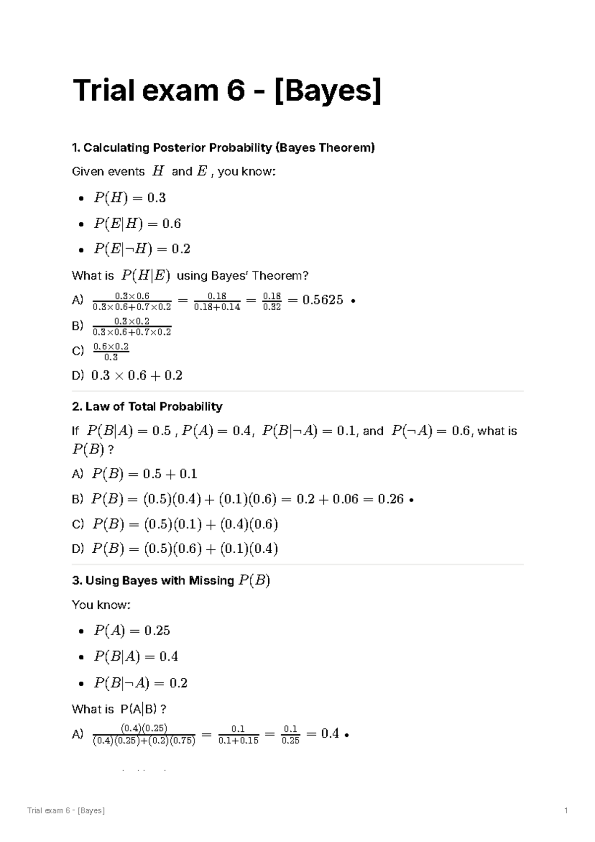 Trial Exam 6 - Bayes Theorem and Probability Concepts - Studocu
