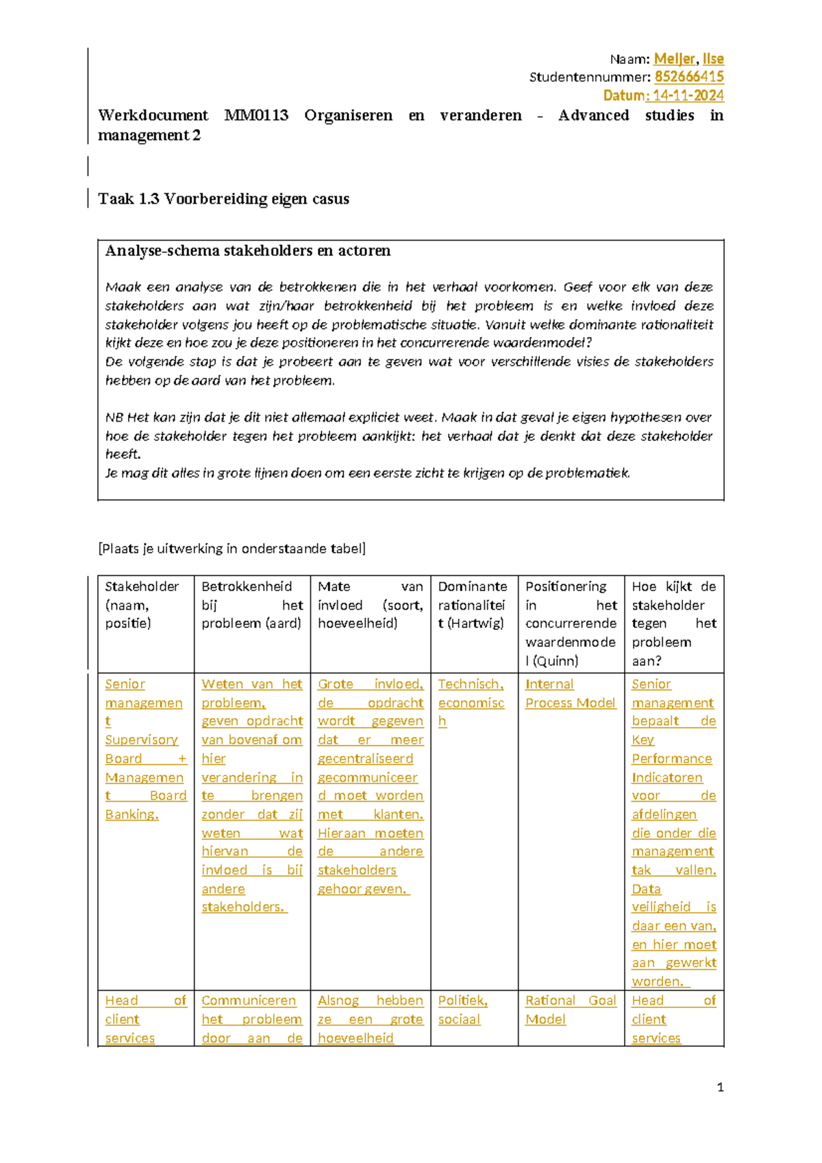 Werkdocument MM0113 - Organiseren en Veranderen: Analyse Stakeholders ...