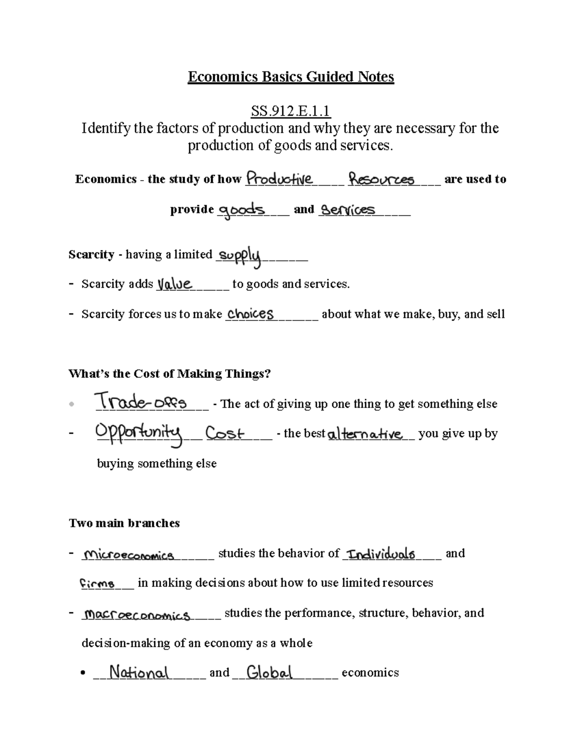 Economics Basics Guided Notes SS.912.E.1.1: Factors of Production - Studocu