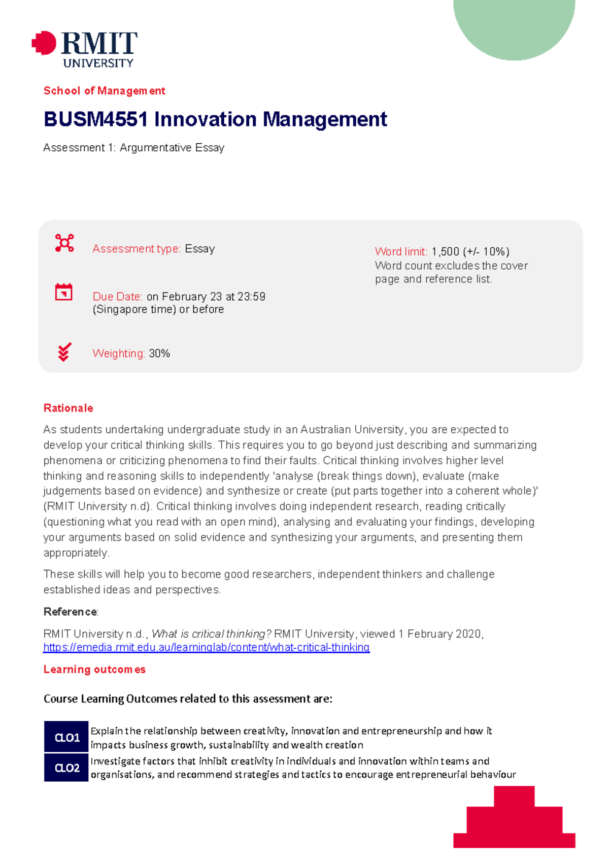 BUSM4551 Assessment Task 1 SIM S1 2024 - School of Management BUSM4551 ...