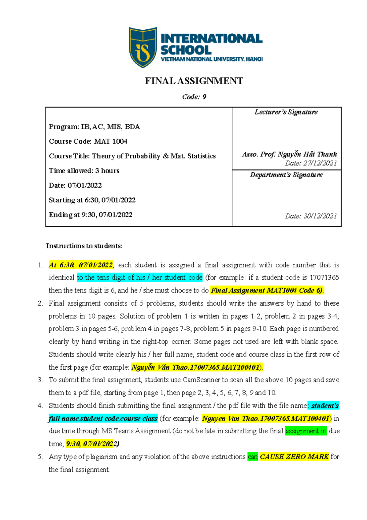 Code 9 - xác suất thống kê - FINAL ASSIGNMENT Code: 9 Program: IB, AC ...