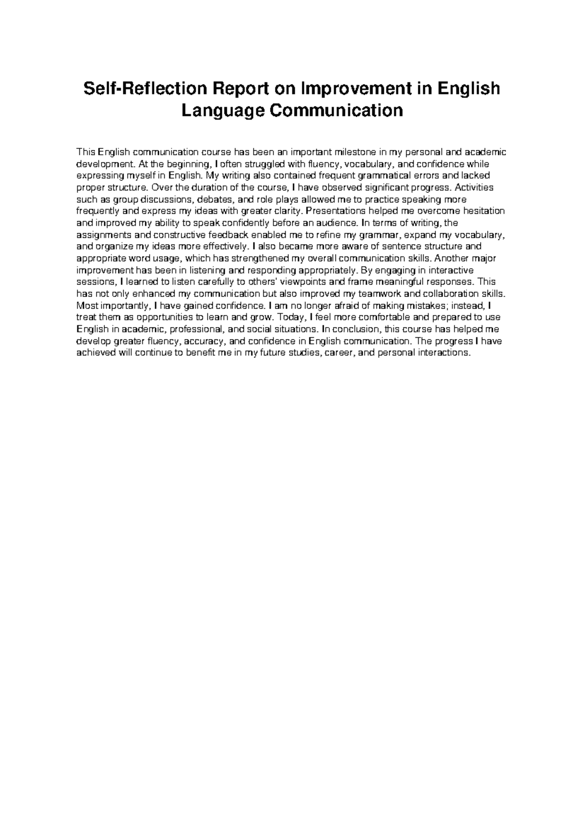 Self-Reflection on English Communication Improvement - Studocu