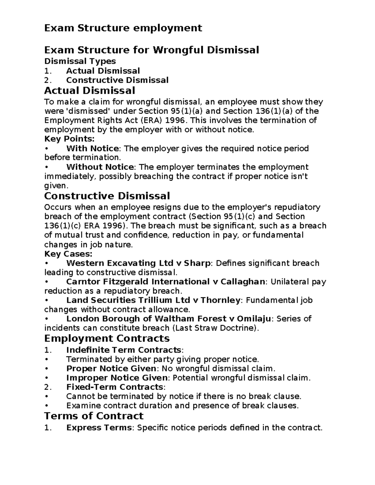 Exam Structure for Wrongful Dismissal (Employment Law) - Studocu