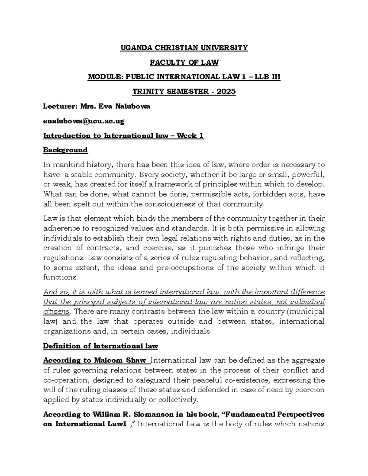UCU LLB Public International Law 1 - Week 1 Lecture Notes - Studocu
