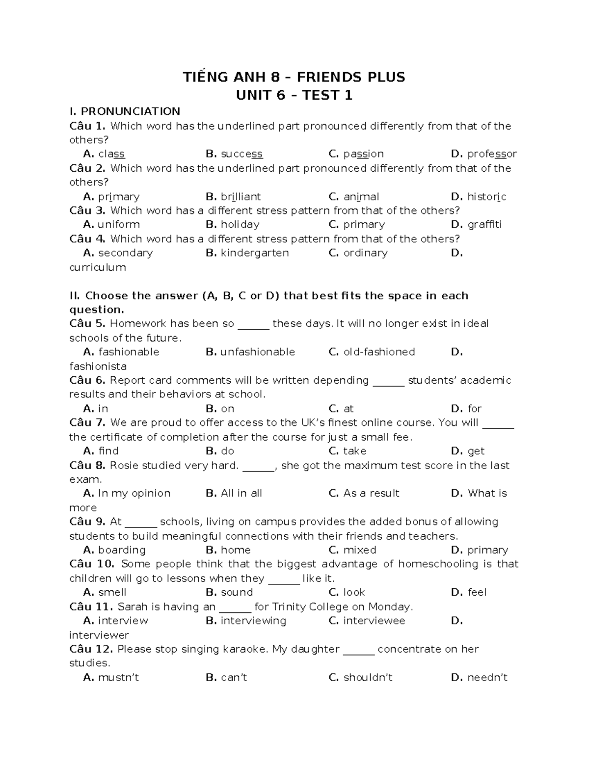 TIẾNG ANH 8 - UNIT 6 TEST 1: PRONUNCIATION & EXERCISES - Studocu