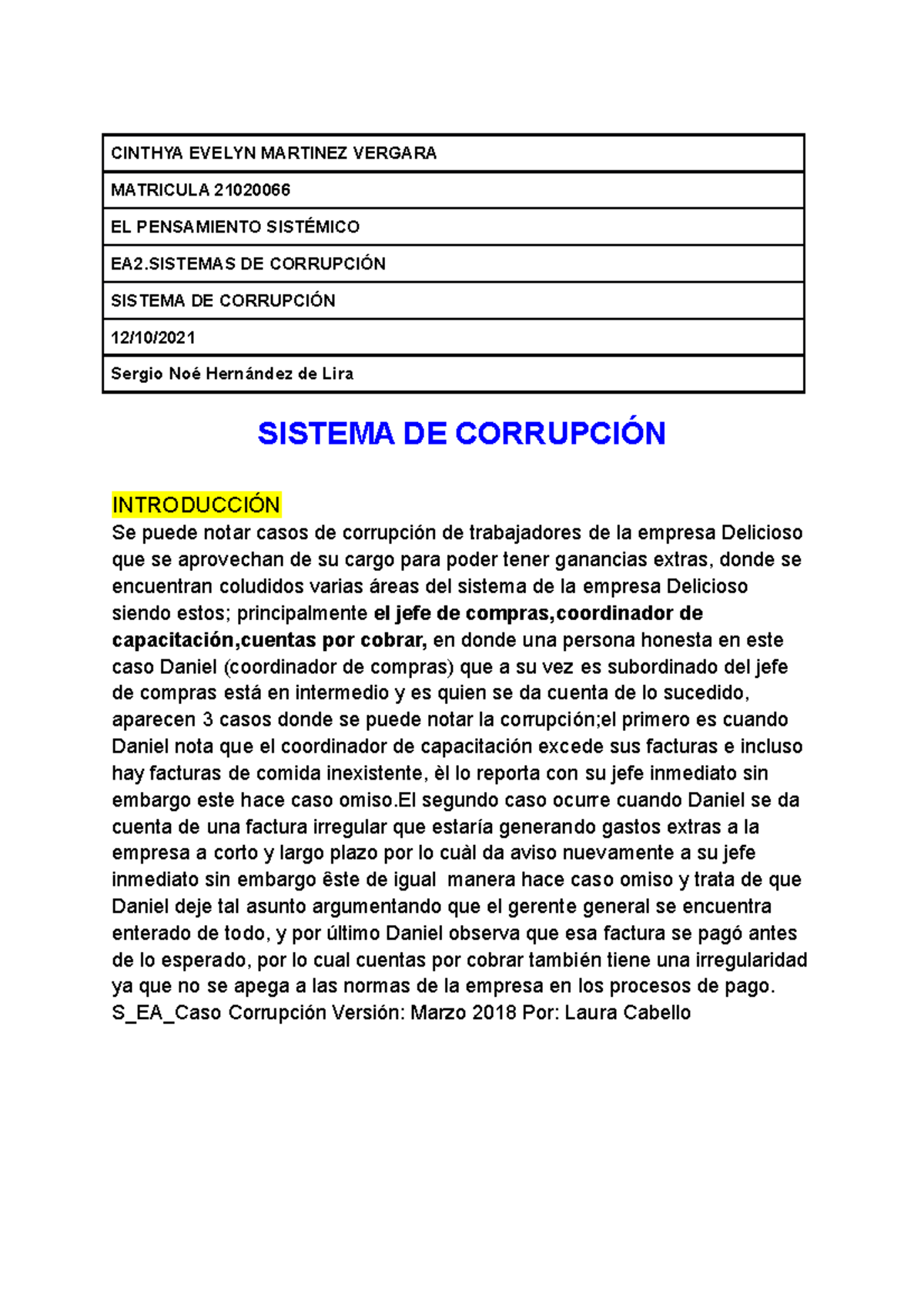 EA2. Análisis del Sistema de Corrupción en la Empresa Delicioso - Studocu