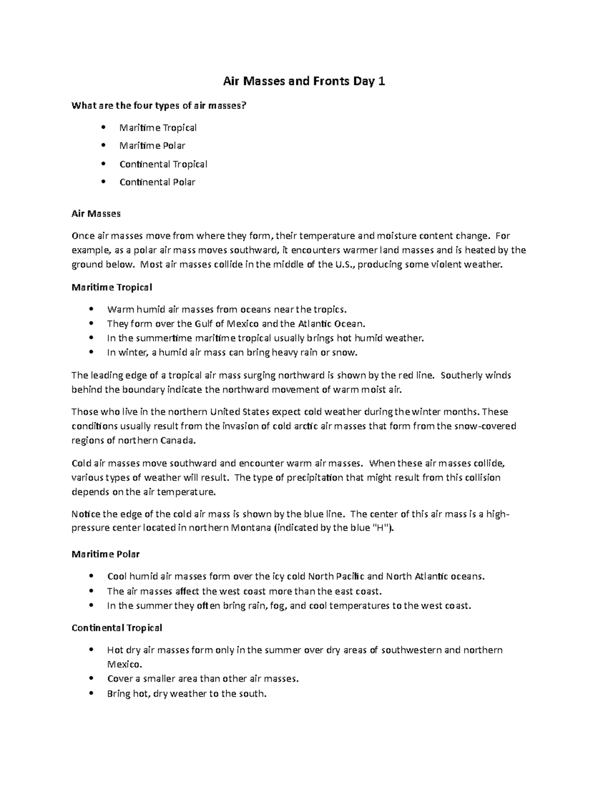 Air Masses and Fronts Overview - Meteorology 101 Lecture Day 1 - Studocu