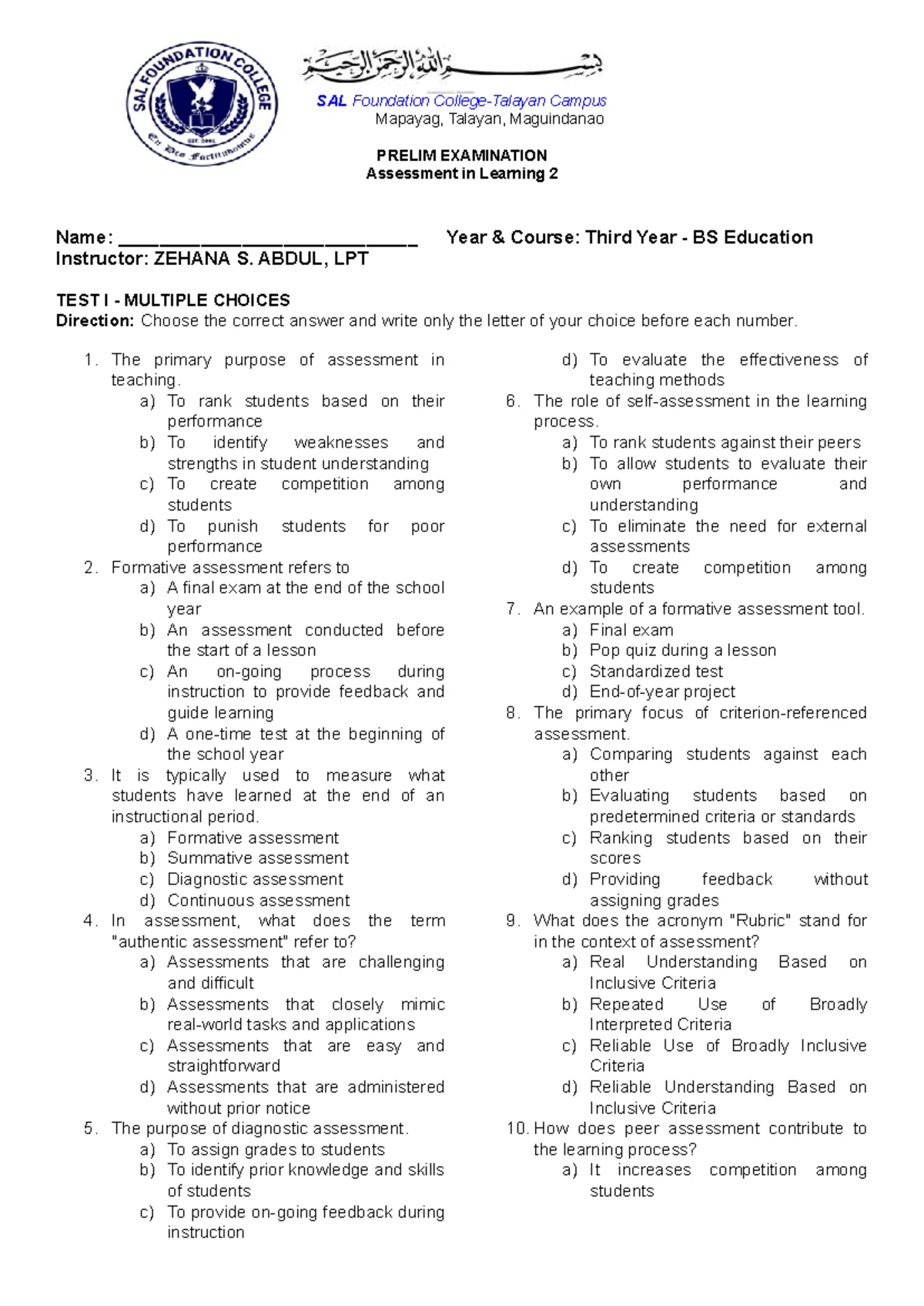 SSE203 Activity: Designing Effective Assessment Tools for Learning ...