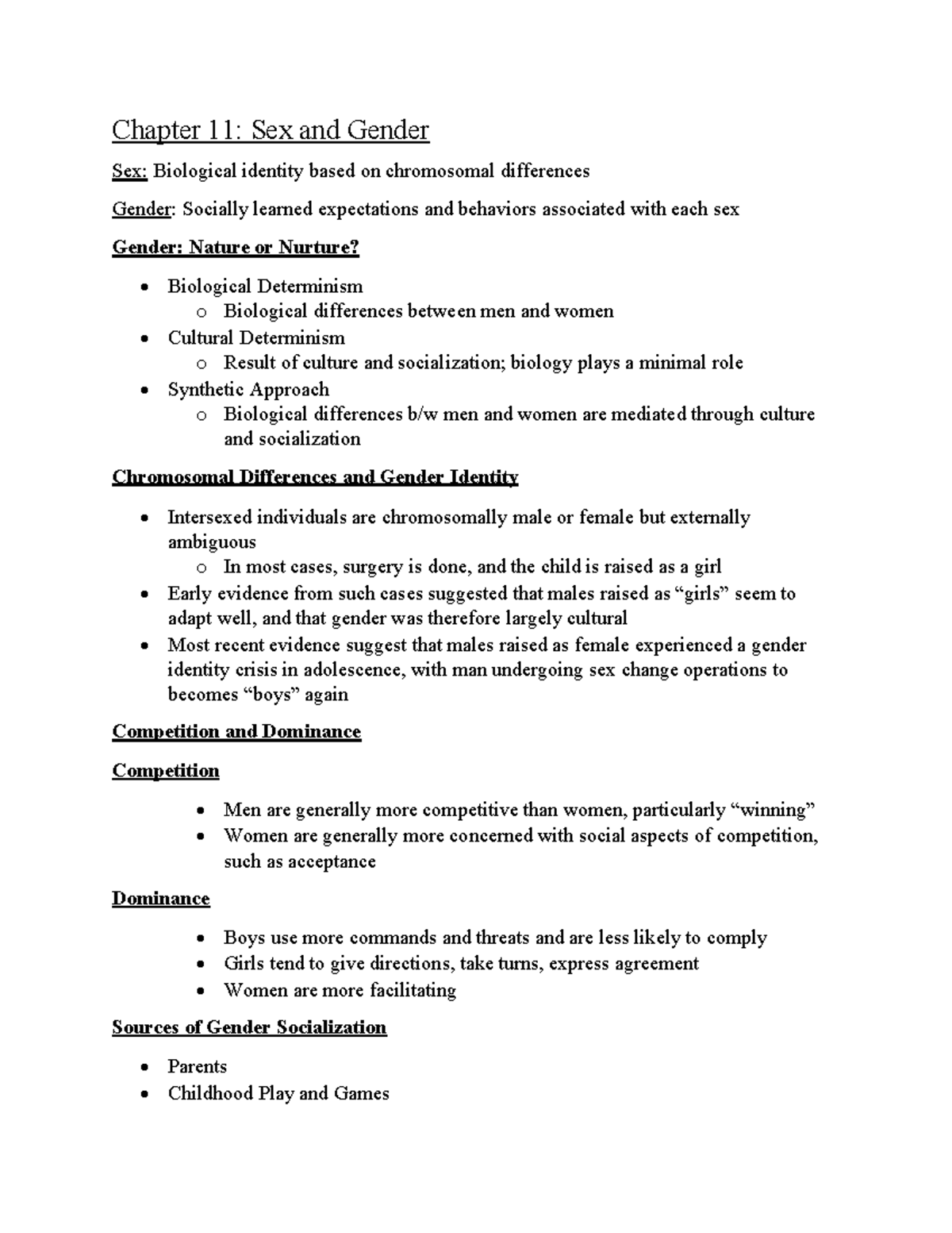 Chapter 11 Sociology Notes: Understanding Sex and Gender Dynamics - Studocu