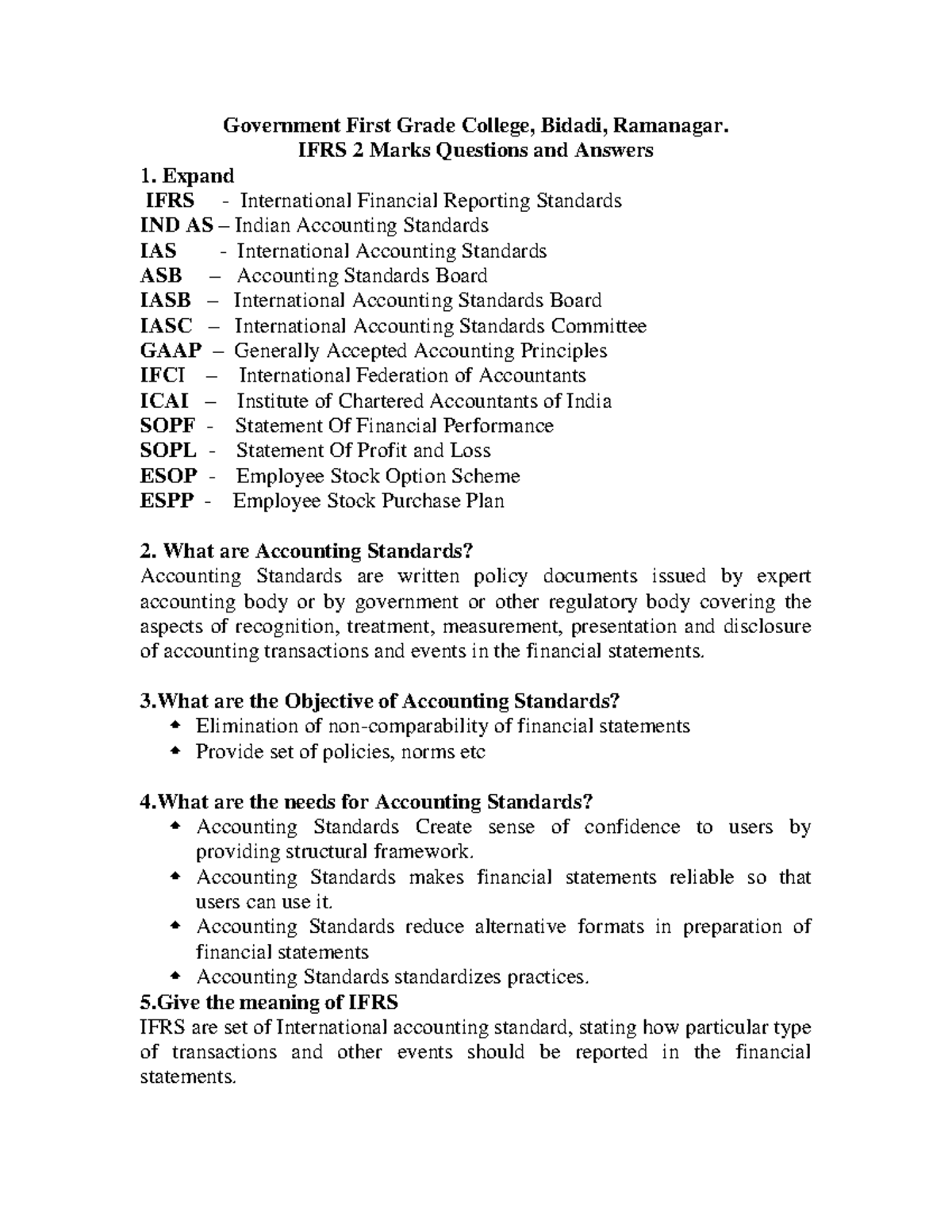 AGLB - 2 Marks Questions on IFRS and Accounting Standards - Studocu