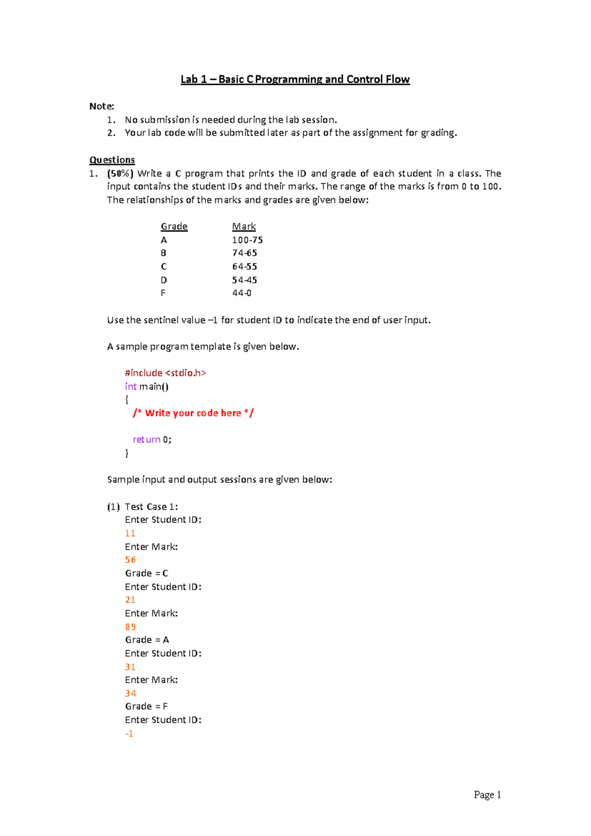 Lab 1 - Basic C Programming & Control Flow Notes - Studocu