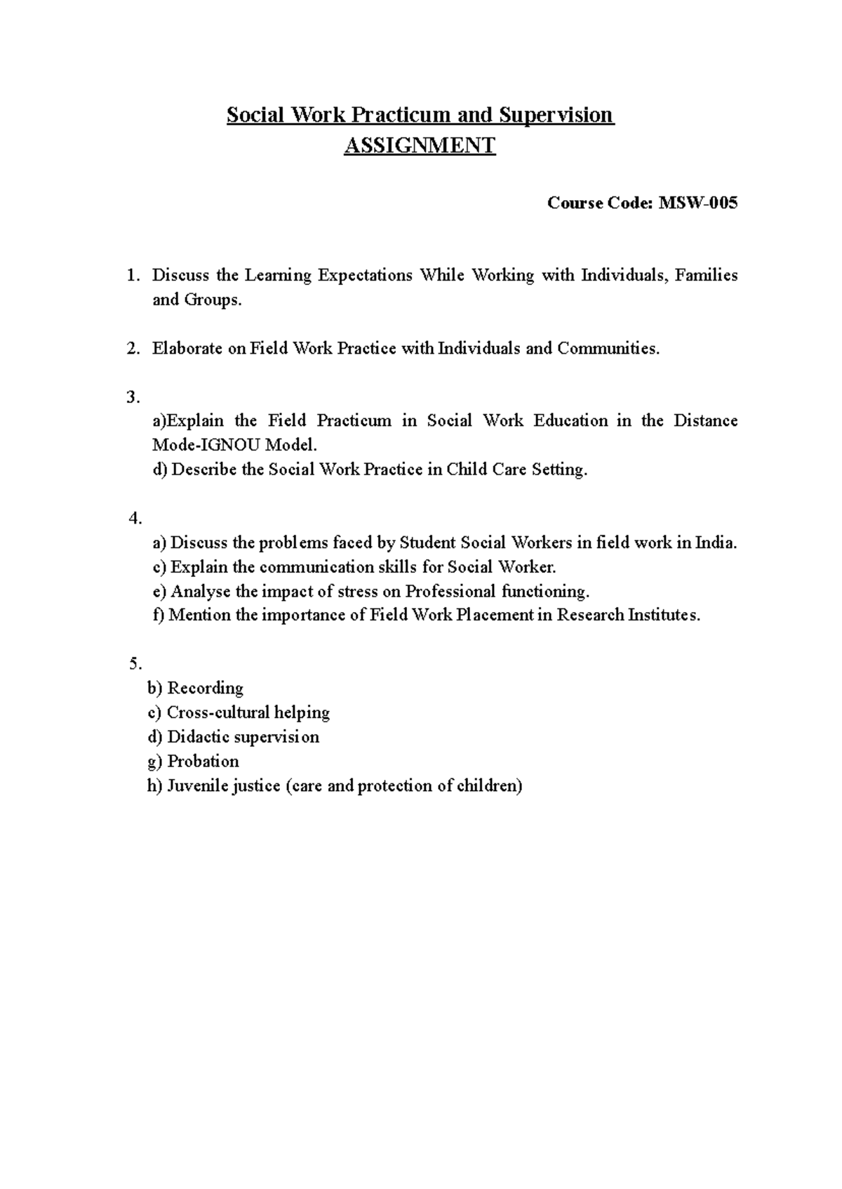 MSW 2023-24: Previous Year Questions on Social Development Practicum ...