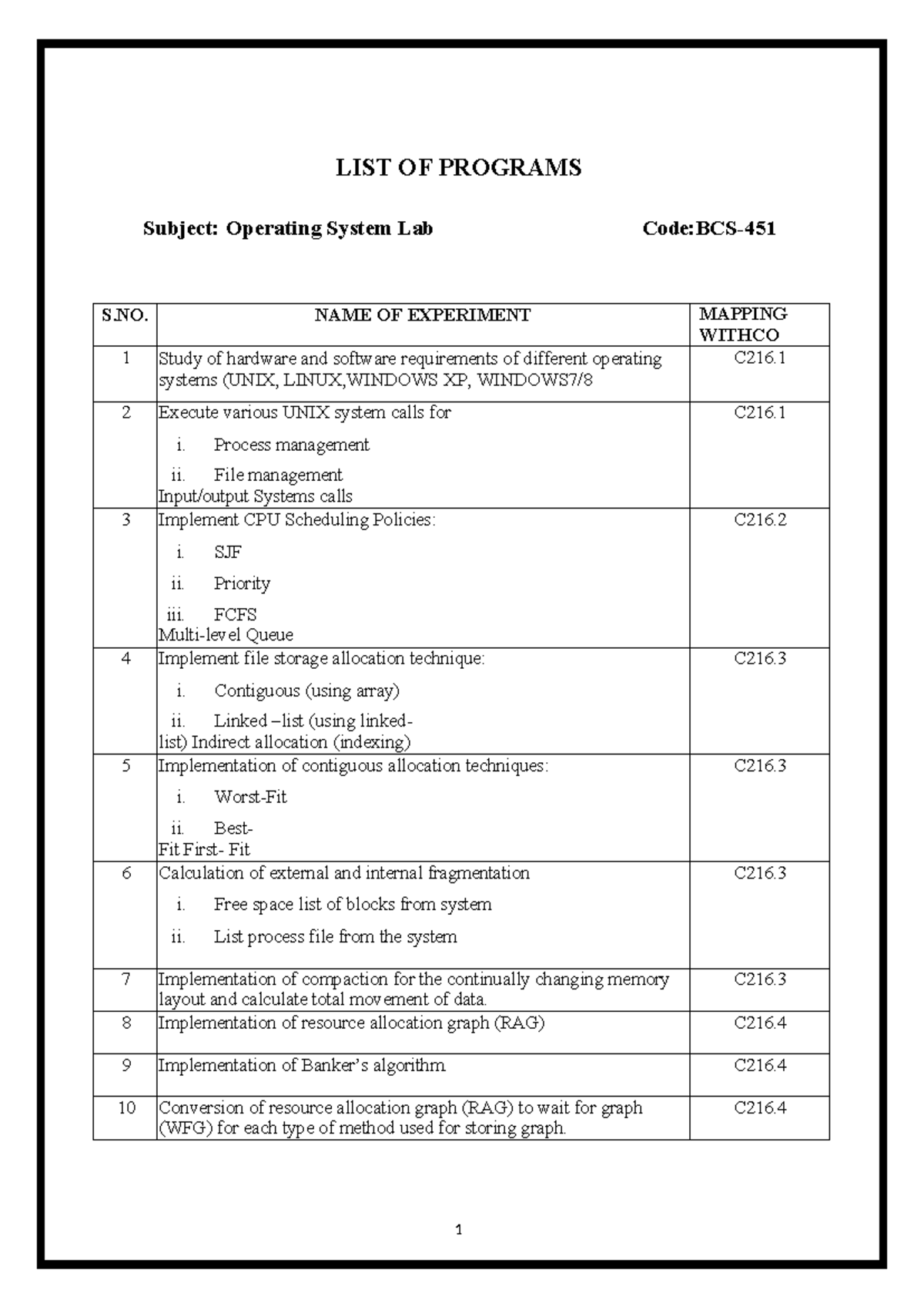 Operating System Lab C216: Experiment Procedures and Requirements - Studocu