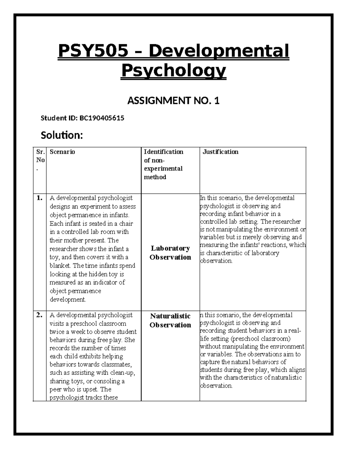 PSY505 ASSIGNMENT 1 - Methods of Developmental Psychology - Studocu
