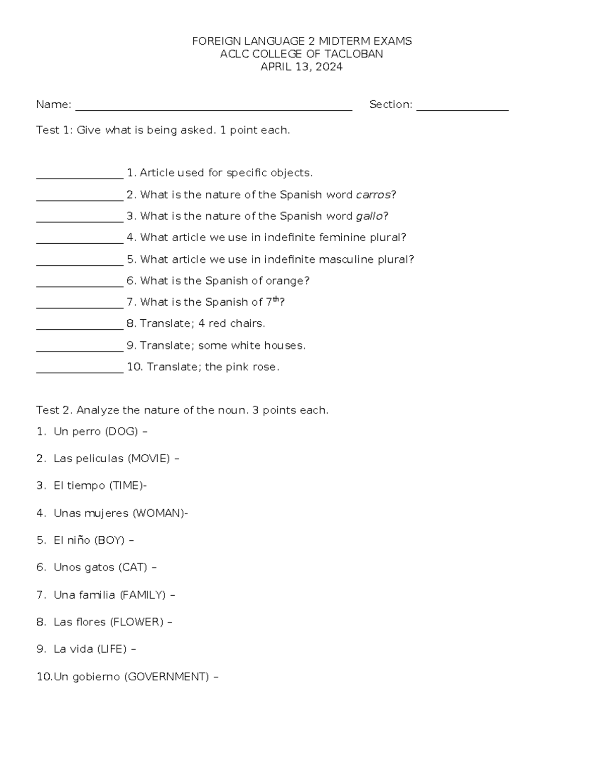 Foreign Language 2 Midterm Exam Questions - ACLC College 2024 - Studocu