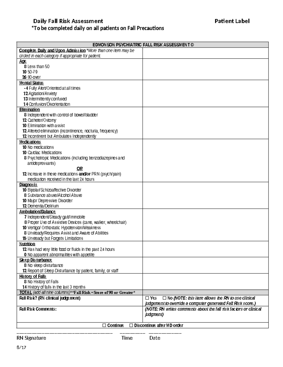 Daily Fall Risk Assessment Tool for Patients on Fall Precautions - Studocu