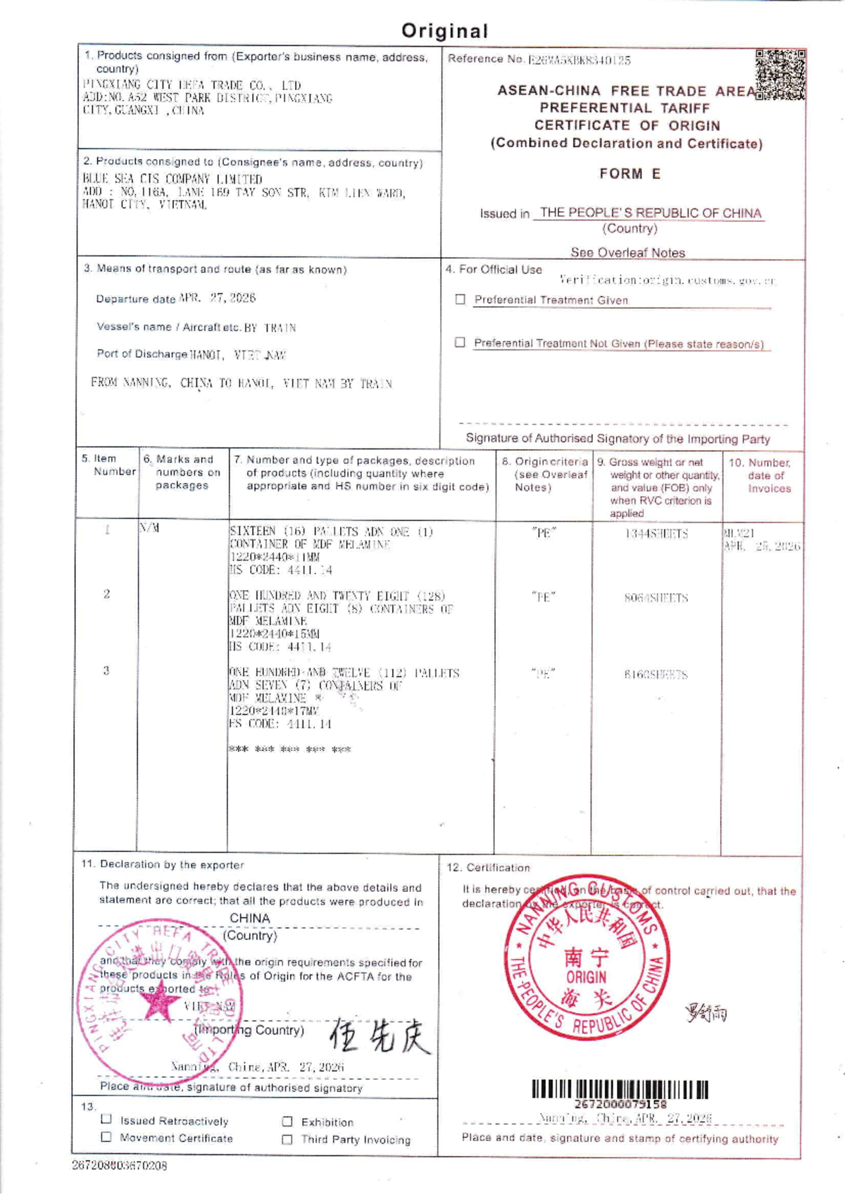 Preferential Tariff Certificate of Origin - Form E (CO) - Studocu