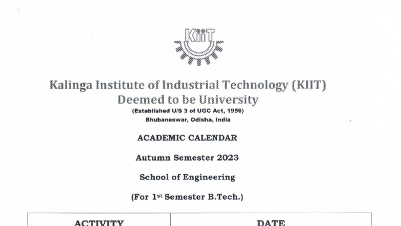 KIIT B.Tech 1st Sem Academic Calendar Autumn 2023 - Studocu