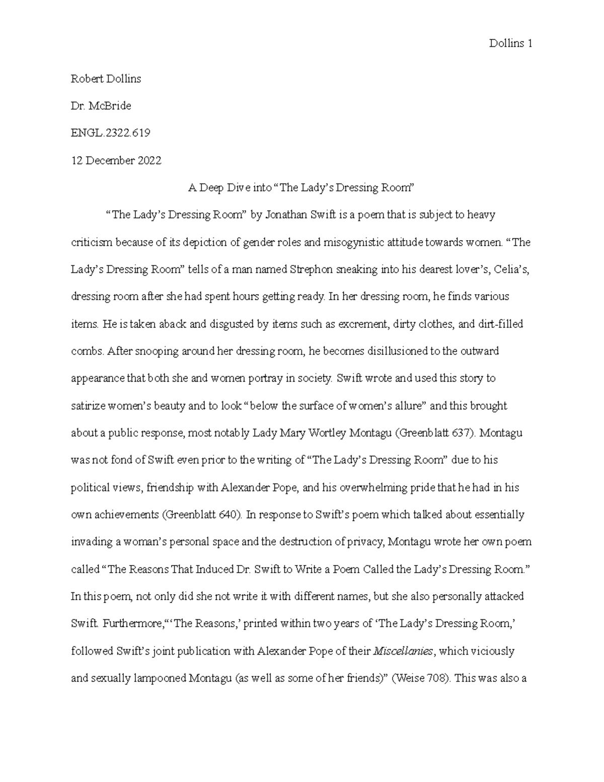 ENGL.2322 Final Exam: Analyzing Jonathan Swift's "The Lady's Dressing Room"  - Studocu