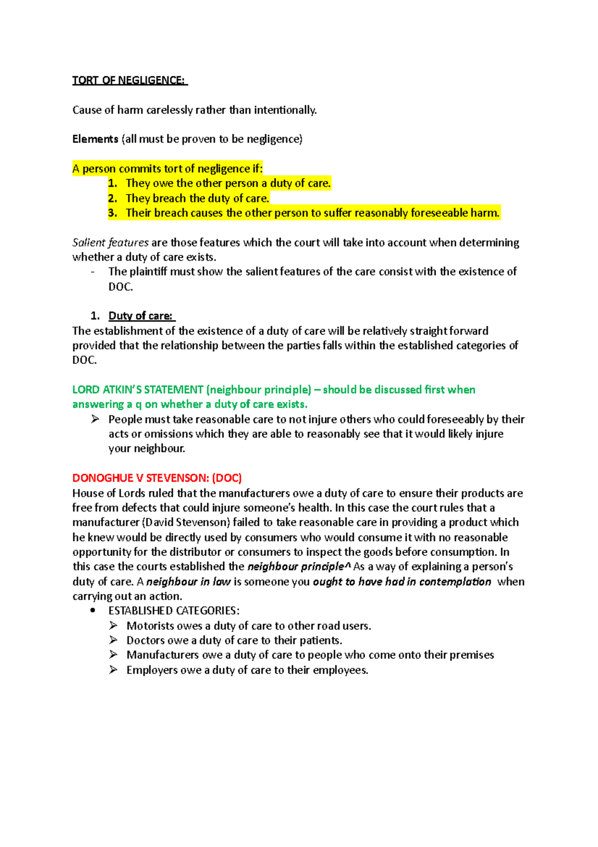 Tort of Negligence: Lecture Notes for Law 101 - Studocu
