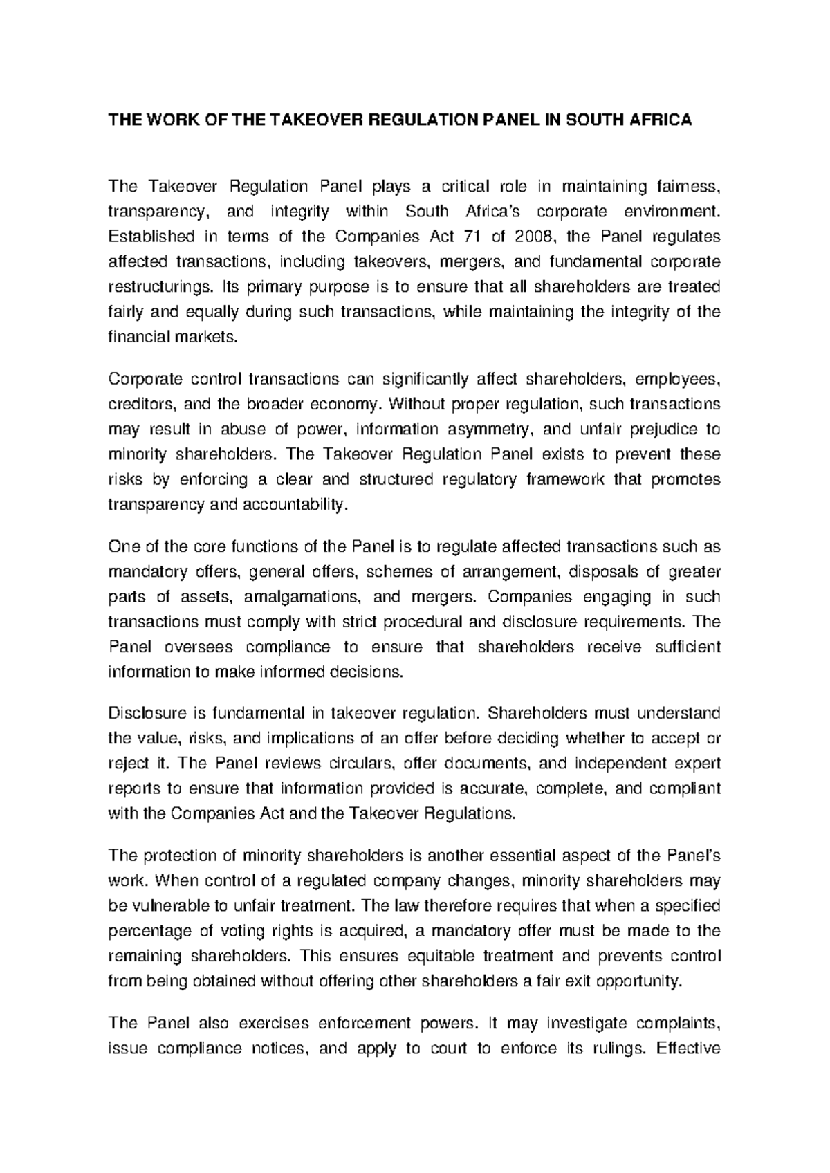 Essay on the Takeover Regulation Panel (TRP) in South Africa - Studocu