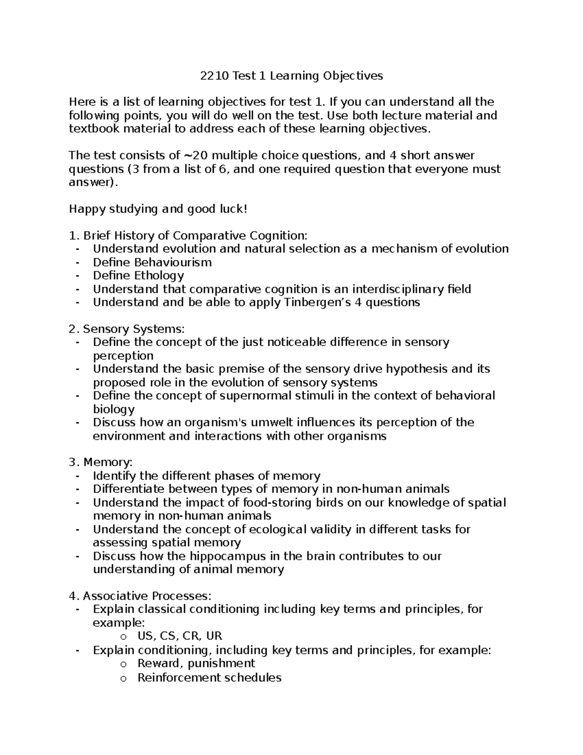 2210 Test 1 Learning Objectives for Comparative Cognition - Studocu
