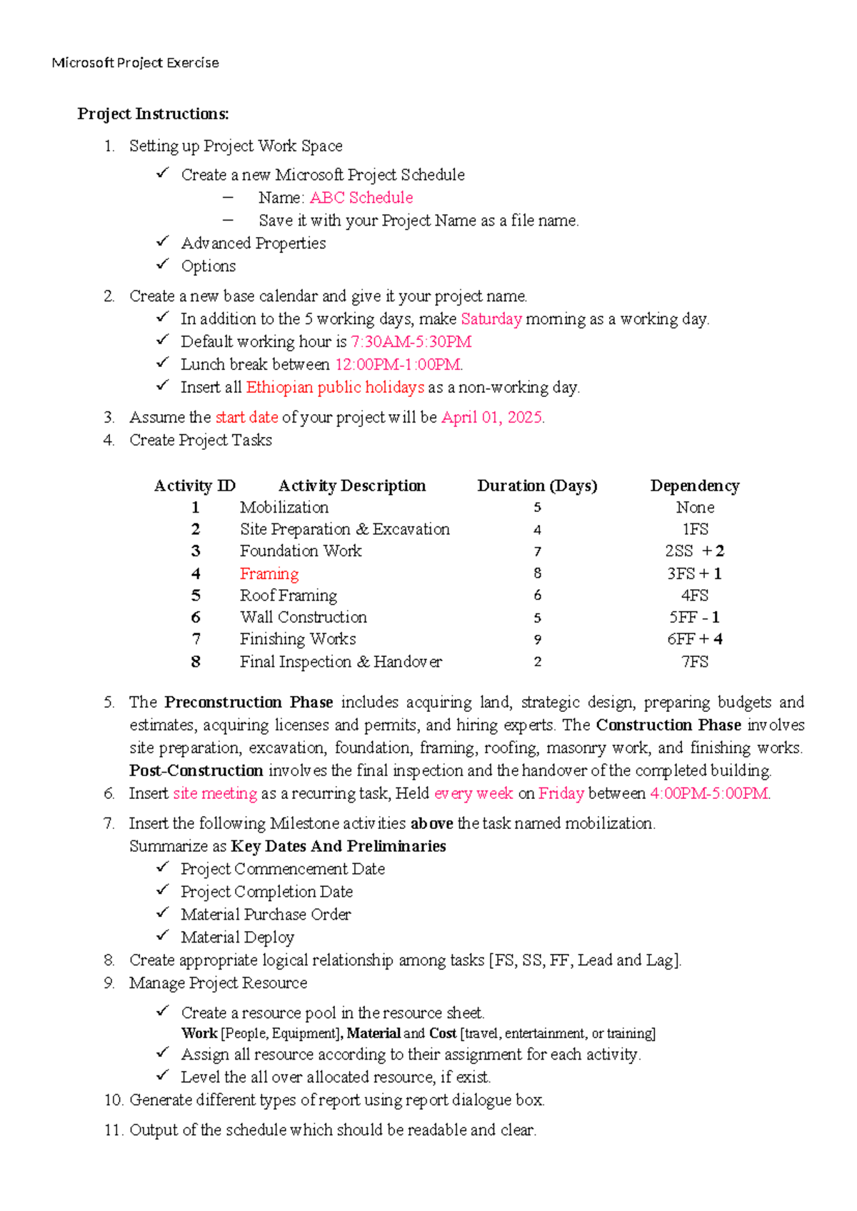 Project Instruction - sadsdadda - Microsoft Project Exercise Project ...