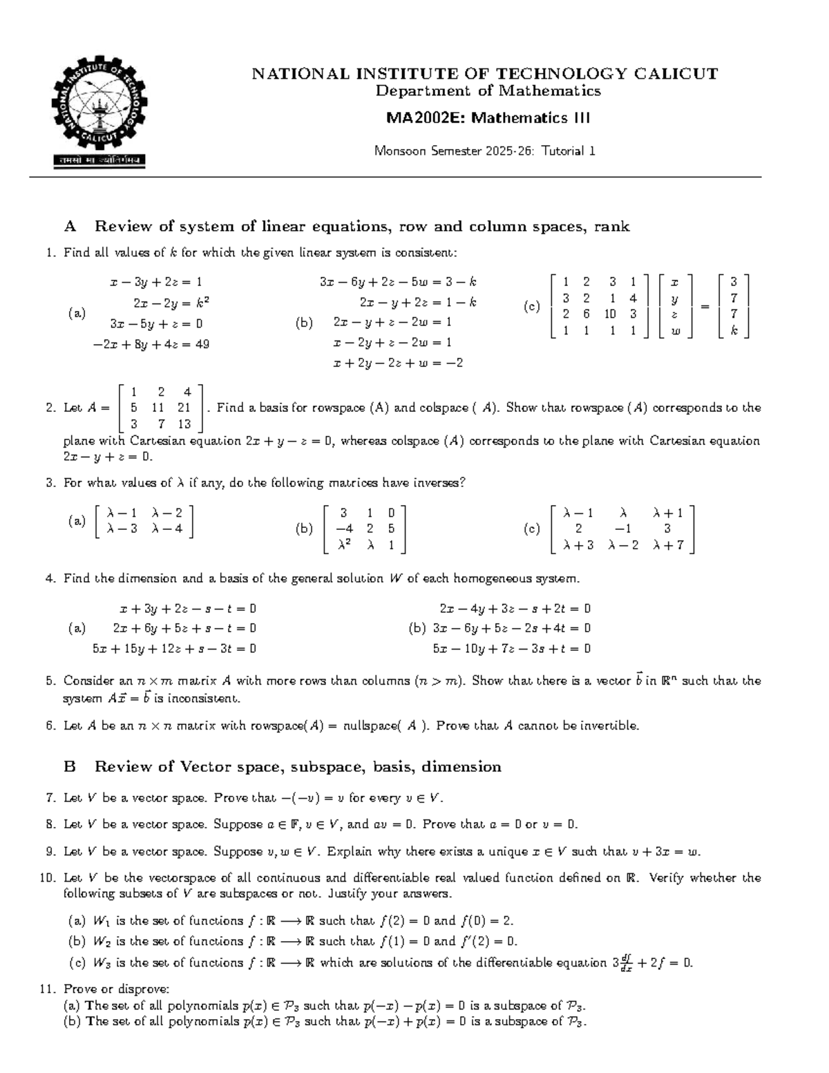 MA2002E: Mathematics Monsoon Semester Tutorial 1 - Linear Equations ...