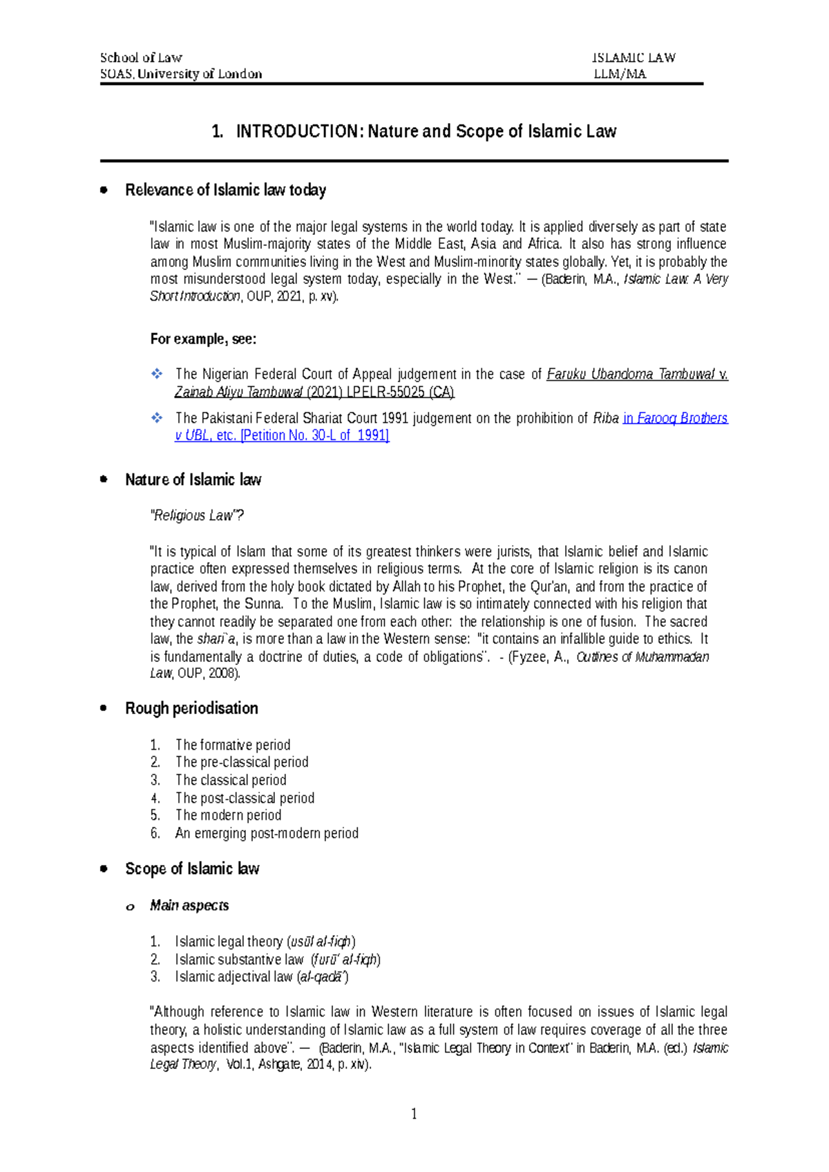 Seminar Note 1 PG Islamic Legal Theory 2024-2025 - SOAS, University of ...