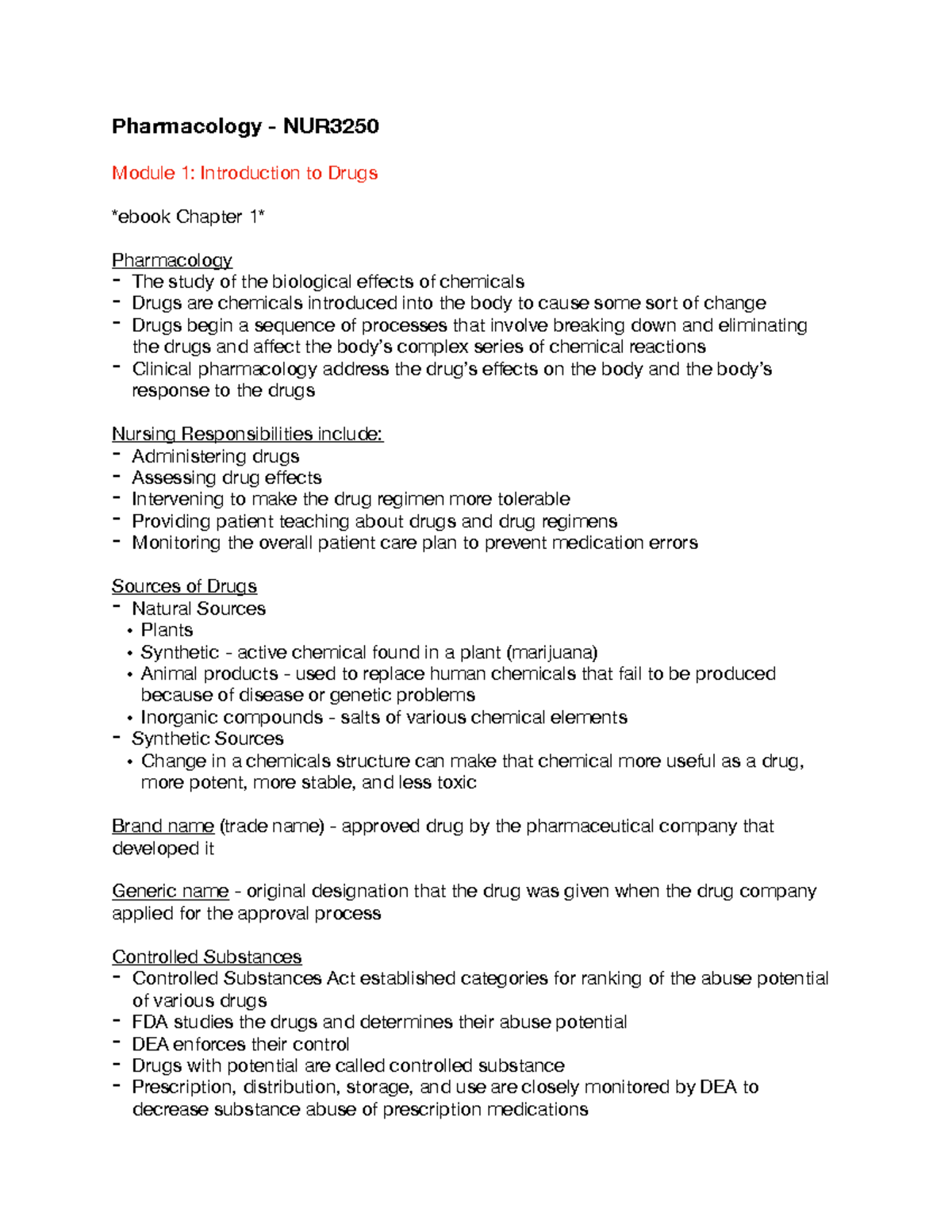 Pharmacology NUR 3250 Exam 1 Notes - Pharmacology - NUR Module 1 ...