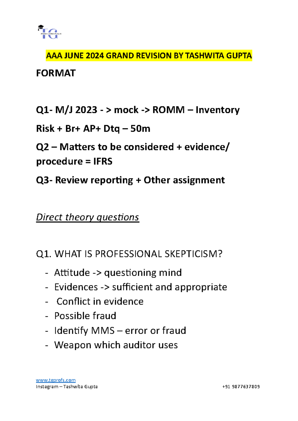 AAA June 2024 Grand Revision Notes by Tashwita Gupta for Exam Prep ...