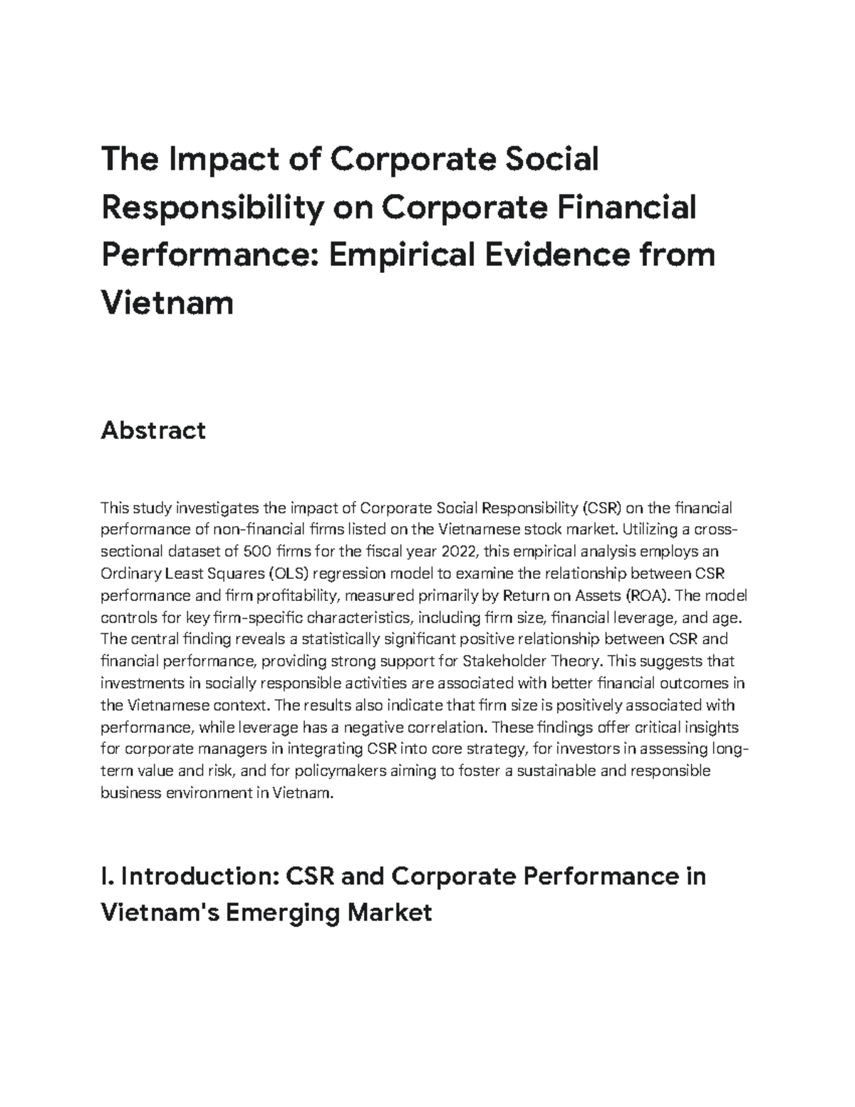 CSR and Financial Performance: Evidence from Vietnam (2022) - Studocu