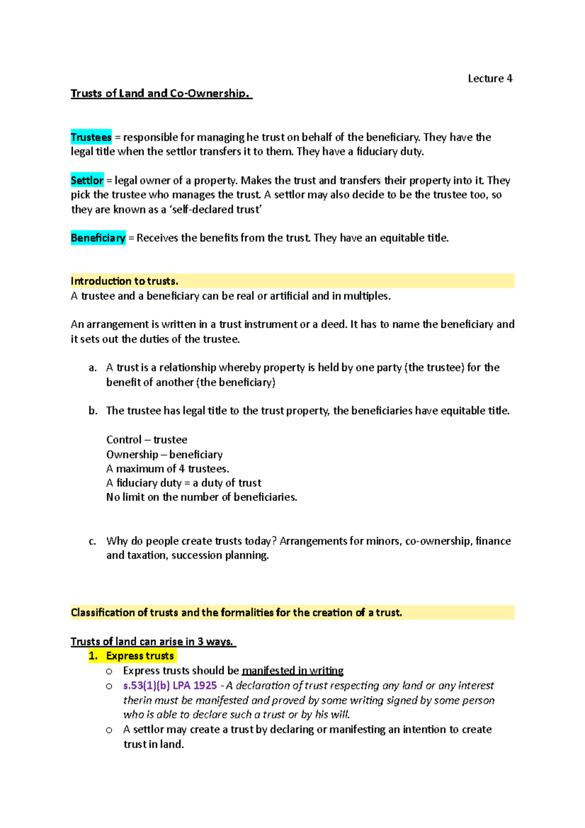 Trusts of Land and Co-Ownership: Lecture 4 Insights and Analysis - Studocu