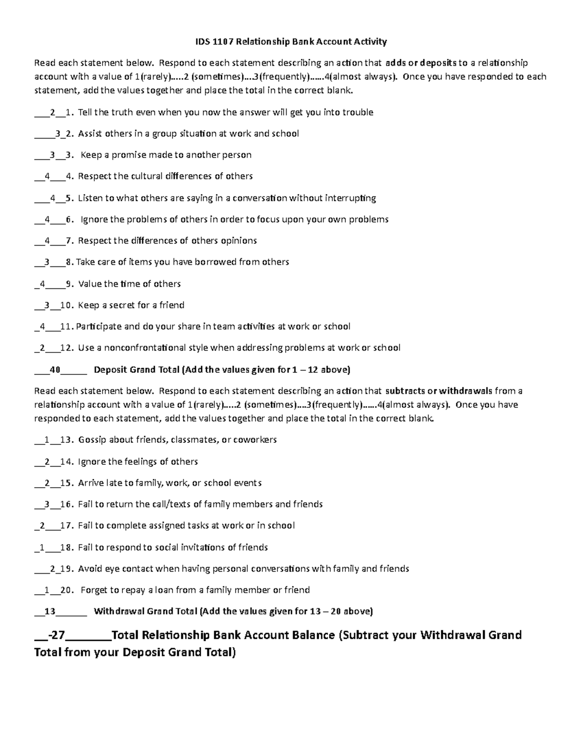 IDS 1107 Relationship Bank Account Activity Reflection and Evaluation ...