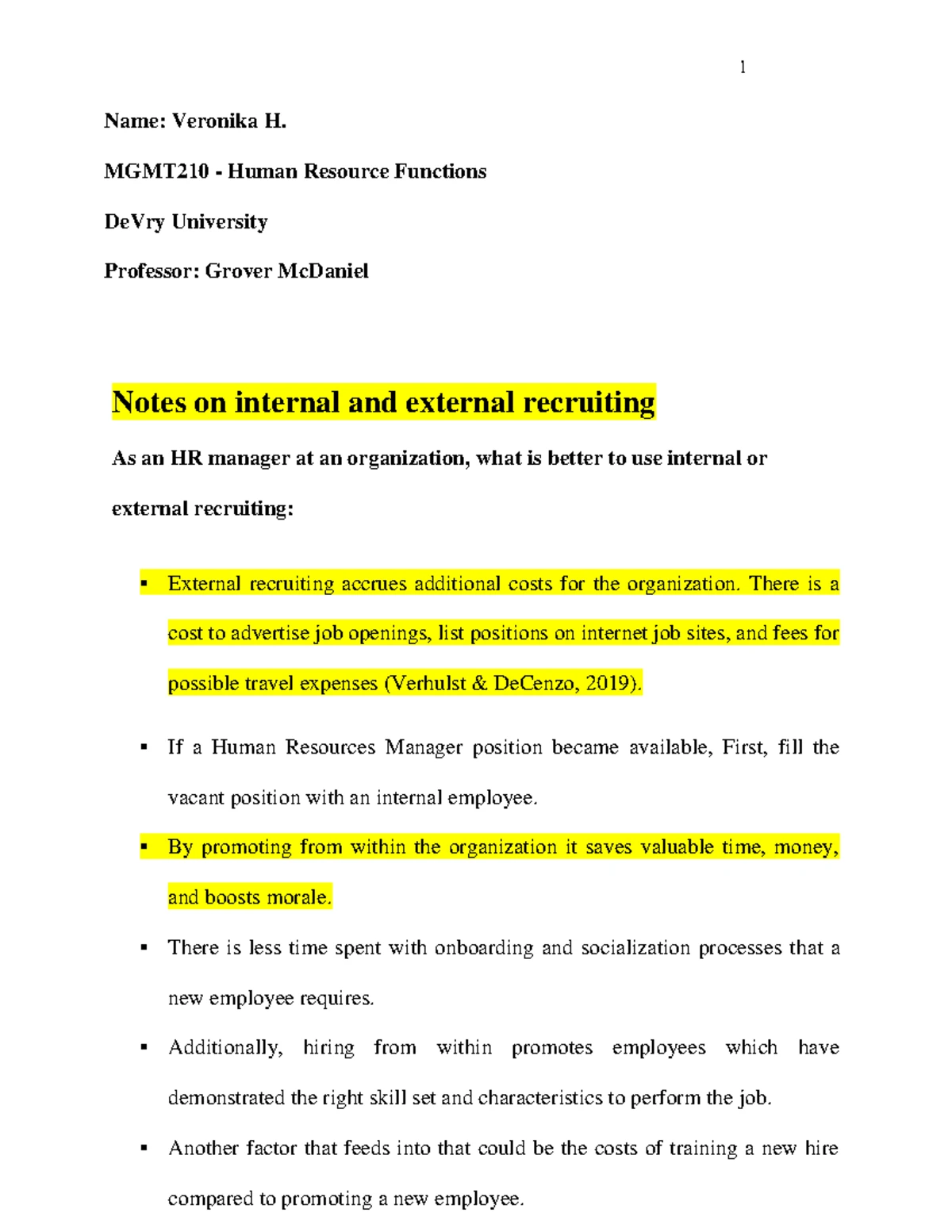 Notes on Employee retention and self-assessment - Name: Veronika H ...