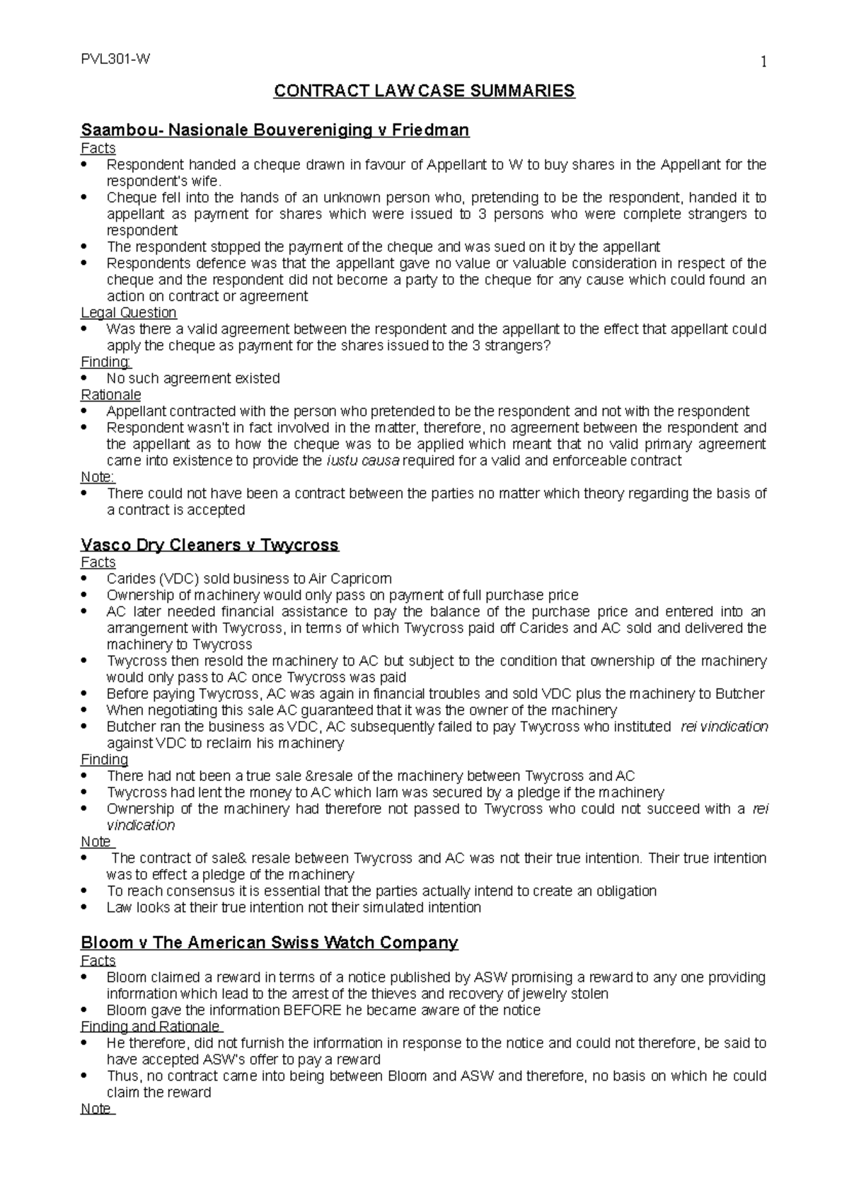 1 CONTRACT LAW CASE SUMMARIES (LAW 101) - Key Findings and Rationale ...