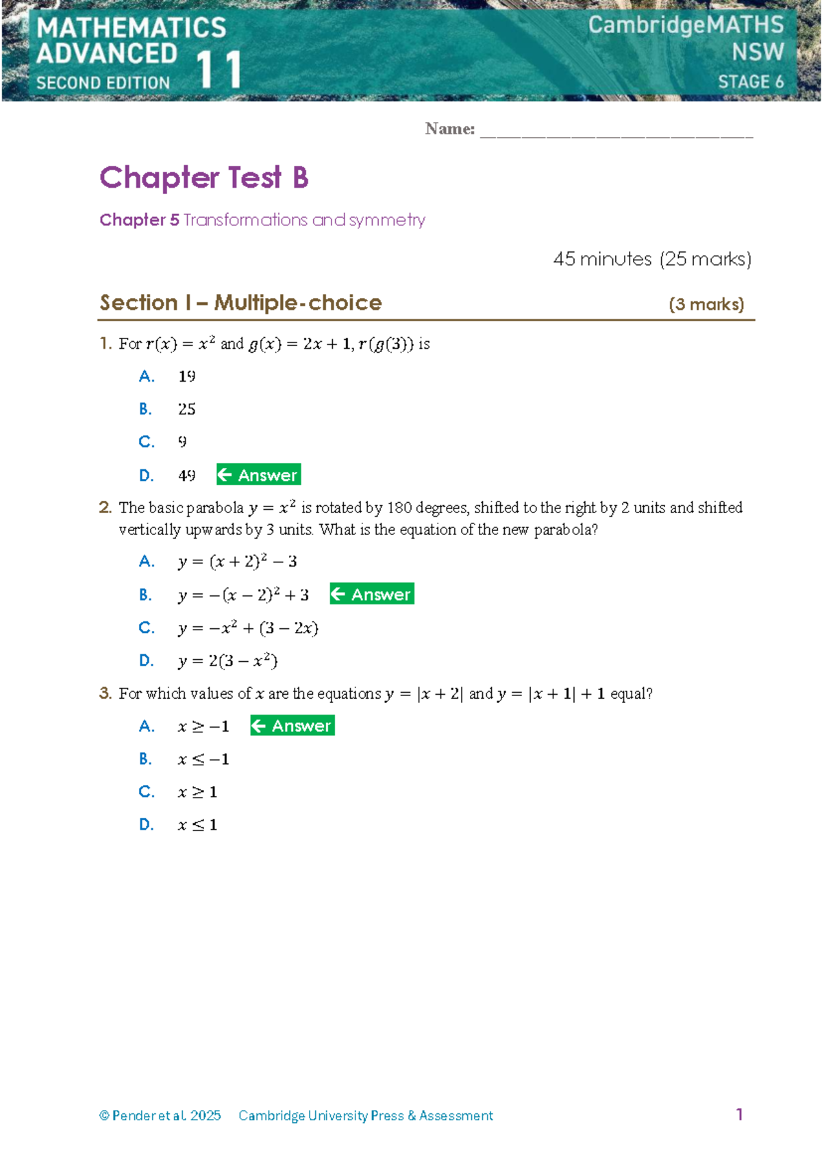 Adv Y11 Ch05 Test B: Transformations & Symmetry Solutions - Studocu